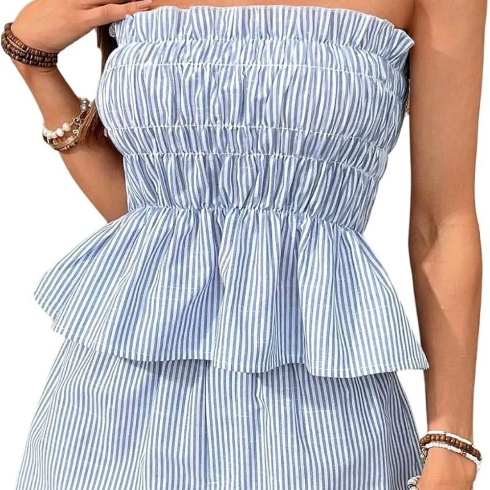 Women’s Summer 2 Piece Set Striped Shirred Bandeau Top & Shorts Casual Vacation